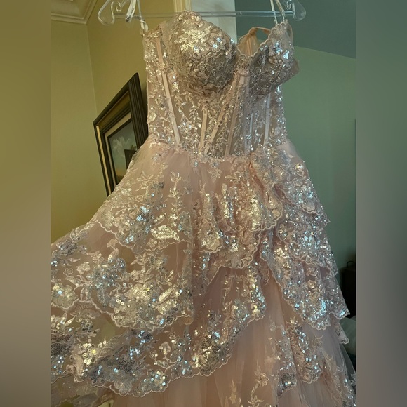 Sherri Hill Blush Pink Lace Off-Shoulder A-Line Tulle Sequin Prom Gown - Picture 8 of 8